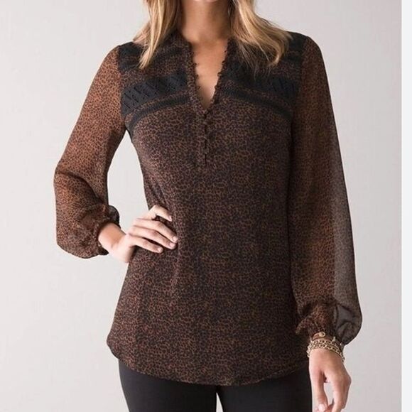 White House Black Market Micro Cheetah Whiskey Blouse MP Petite - Picture 1 of 13